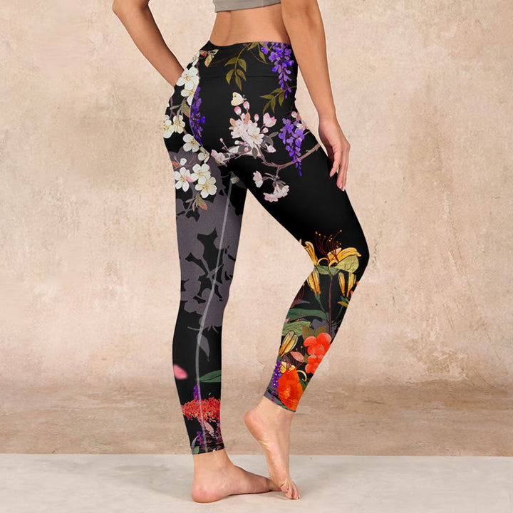 Buddha Stones Black Colorful Flowers Print Gym Leggings Women's Yoga Pants - image 2