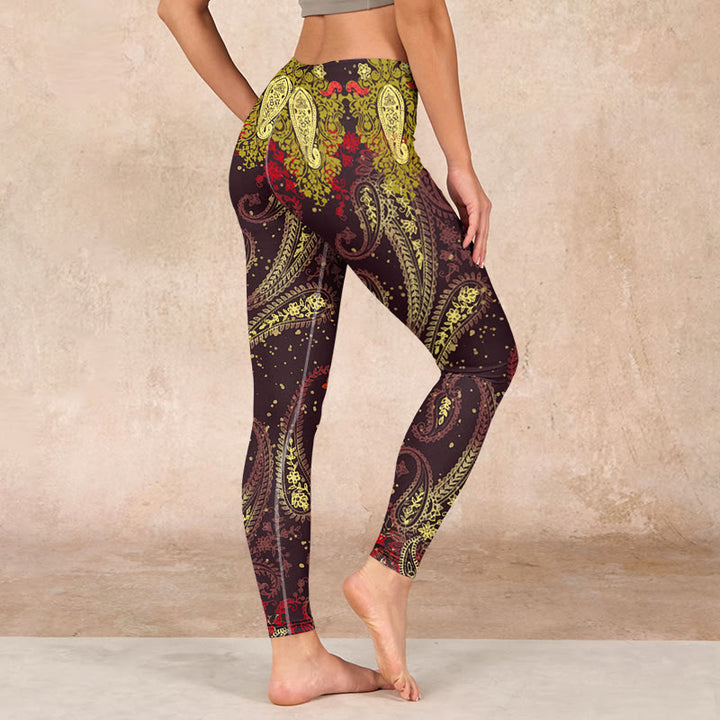 Buddha Stones Reddish-brown Cashew Flower Vines Print Gym Leggings Women's Yoga Pants - image 2