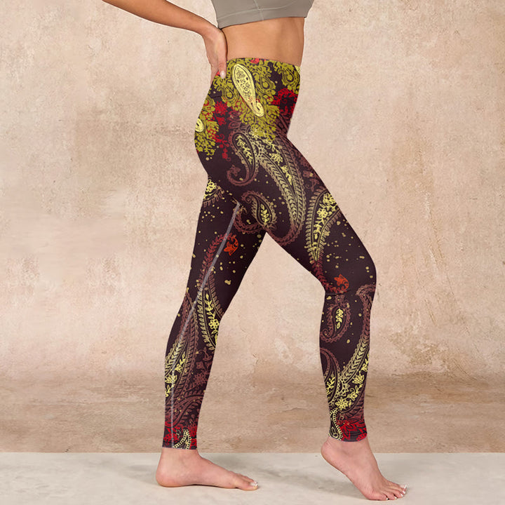 Buddha Stones Reddish-brown Cashew Flower Vines Print Gym Leggings Women's Yoga Pants - image 16