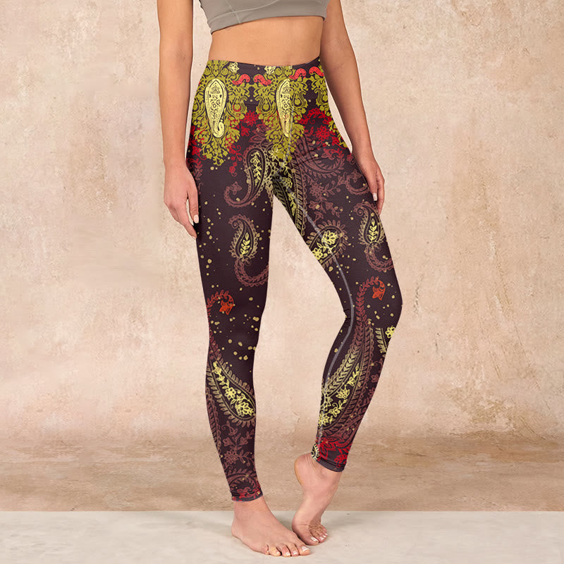 Buddha Stones Reddish-brown Cashew Flower Vines Print Gym Leggings Women's Yoga Pants - SaddleBrown - US18，UK/AU22，EU50 (4XL) - image 0
