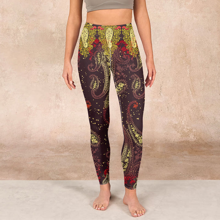 Buddha Stones Reddish-brown Cashew Flower Vines Print Gym Leggings Women's Yoga Pants - image 1