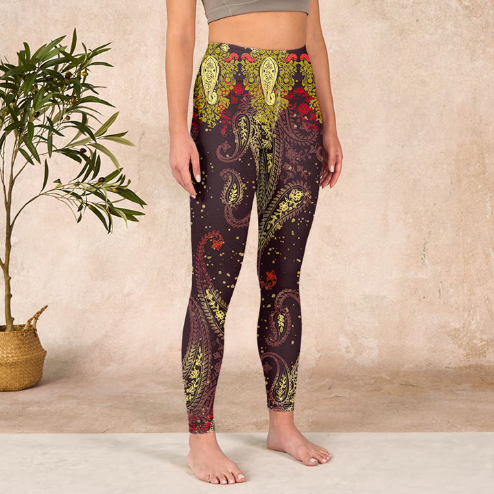 Buddha Stones Reddish-brown Cashew Flower Vines Print Gym Leggings Women's Yoga Pants - image 3