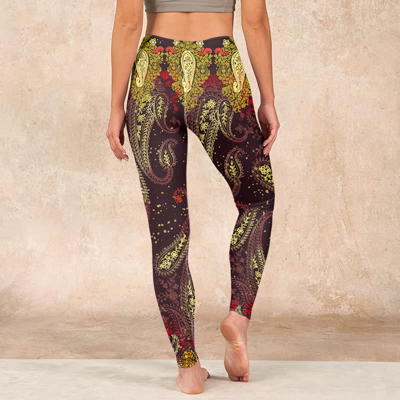 Buddha Stones Reddish-brown Cashew Flower Vines Print Gym Leggings Women's Yoga Pants - image 14