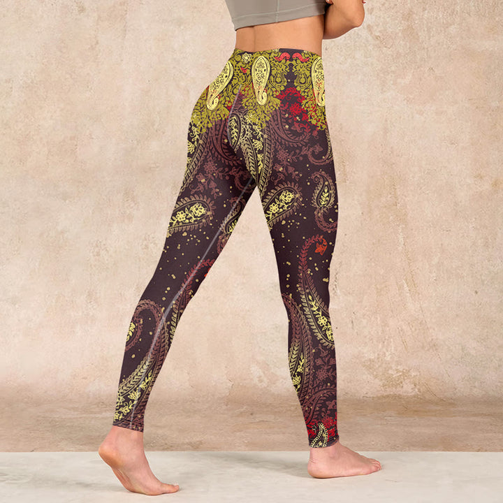 Buddha Stones Reddish-brown Cashew Flower Vines Print Gym Leggings Women's Yoga Pants - image 4