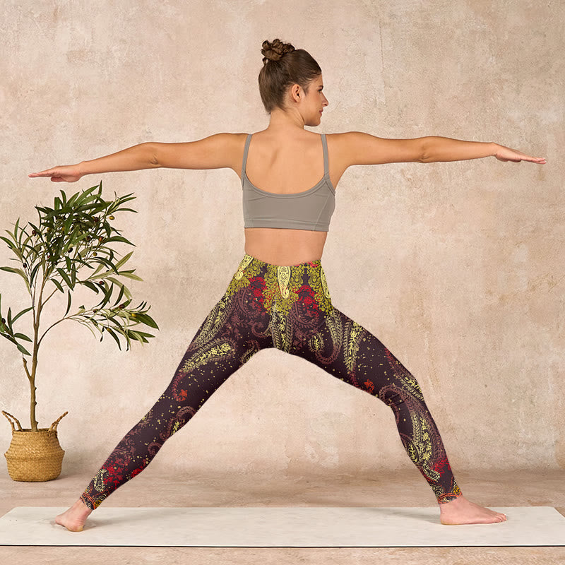 Buddha Stones Reddish-brown Cashew Flower Vines Print Gym Leggings Women's Yoga Pants - image 10