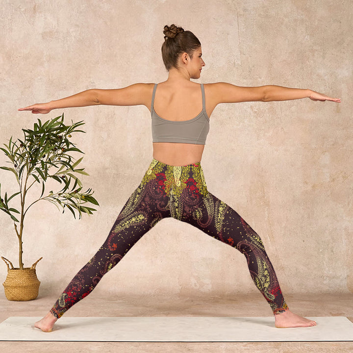 Buddha Stones Reddish-brown Cashew Flower Vines Print Gym Leggings Women's Yoga Pants - image 10