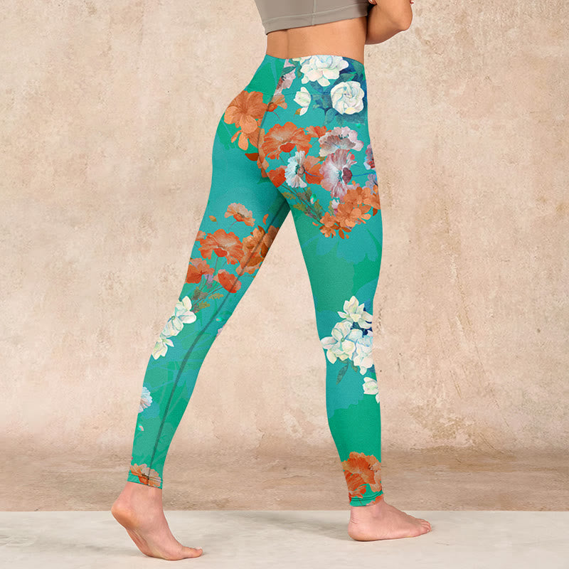 Buddha Stones Green Orange Beige Floral Print Gym Leggings Women's Yoga Pants - image 4