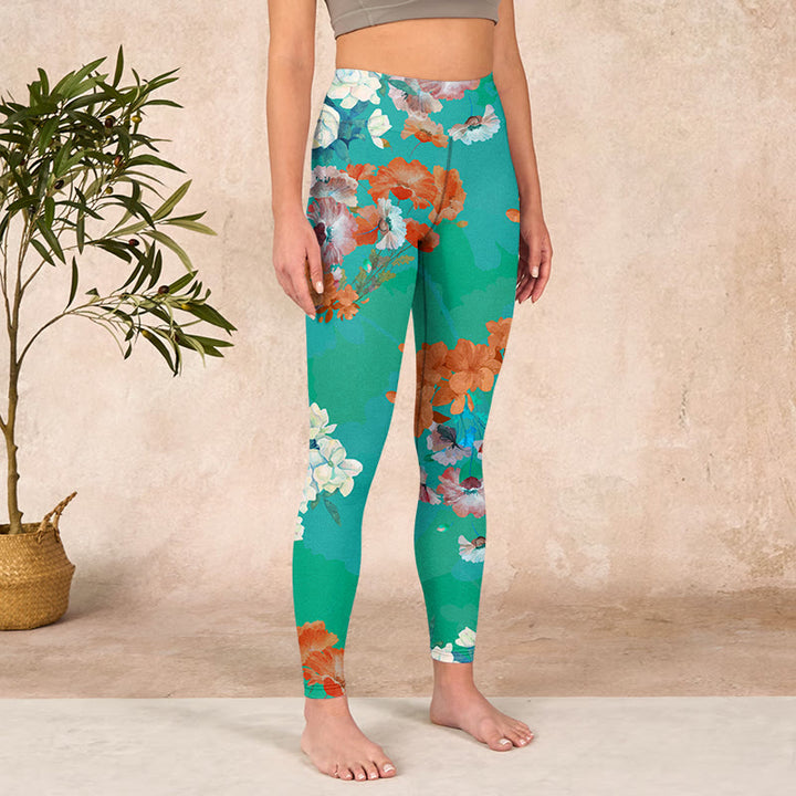 Buddha Stones Green Orange Beige Floral Print Gym Leggings Women's Yoga Pants - image 3