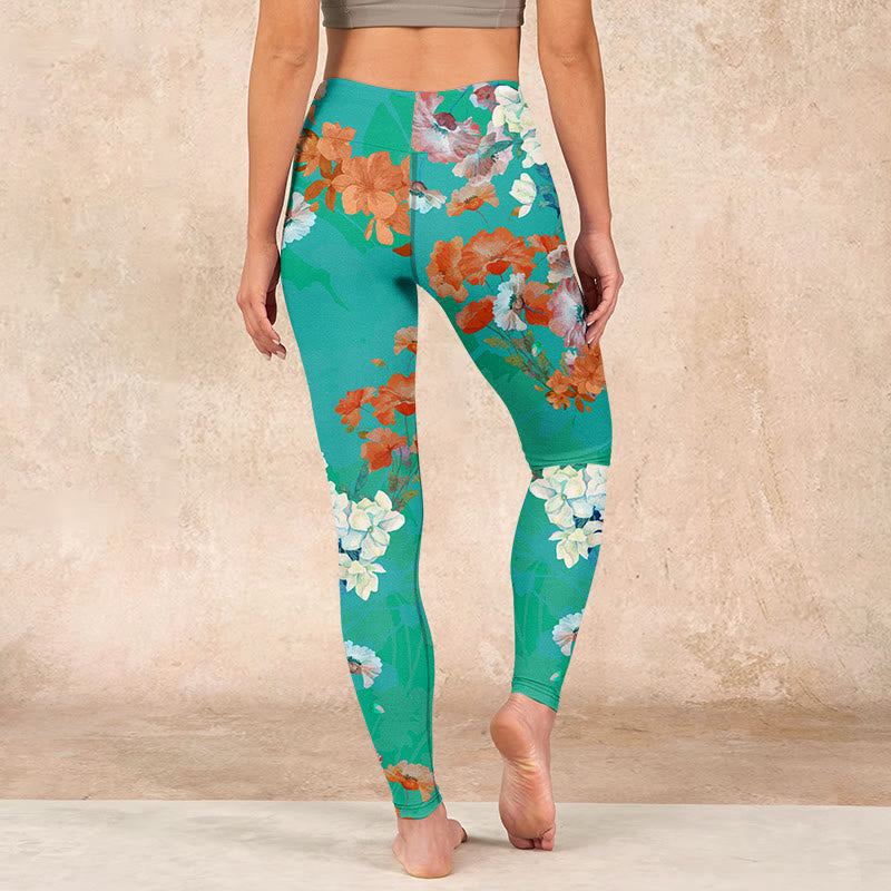 Buddha Stones Green Orange Beige Floral Print Gym Leggings Women's Yoga Pants - image 14