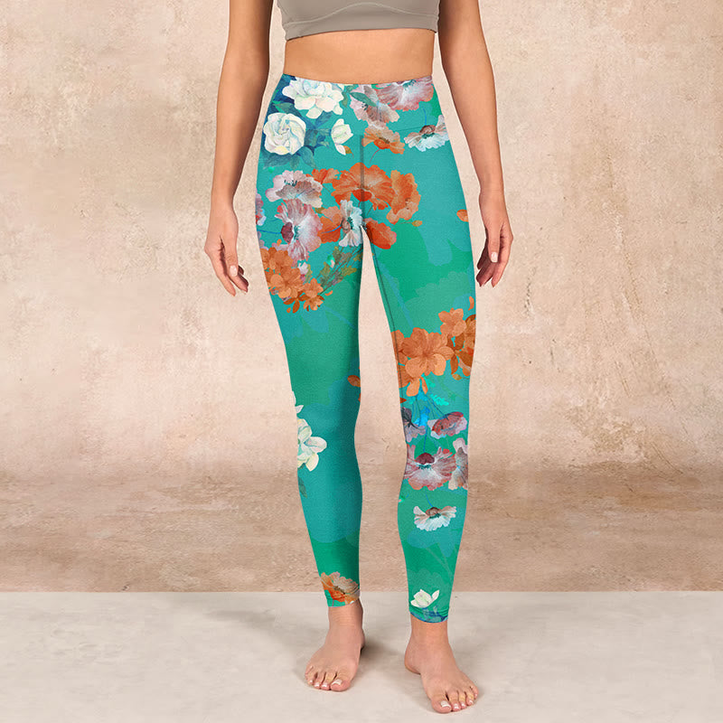 Buddha Stones Green Orange Beige Floral Print Gym Leggings Women's Yoga Pants - image 1