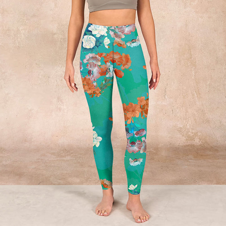 Buddha Stones Green Orange Beige Floral Print Gym Leggings Women's Yoga Pants - image 1