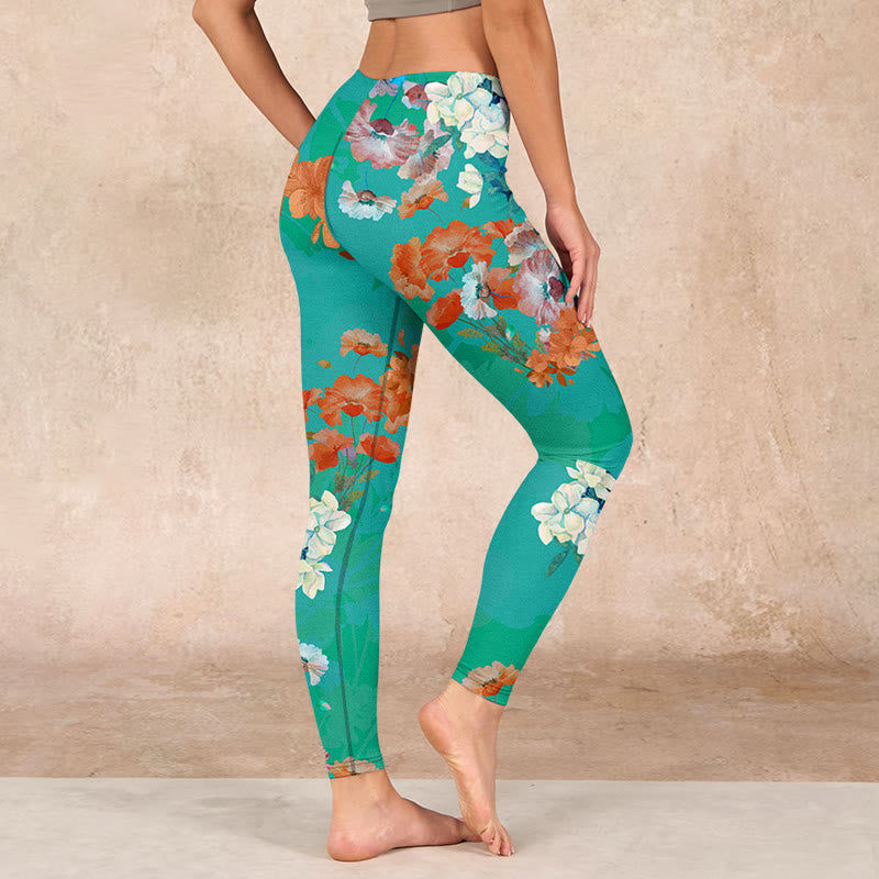 Buddha Stones Green Orange Beige Floral Print Gym Leggings Women's Yoga Pants - image 2
