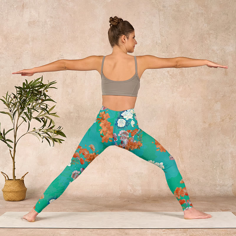 Buddha Stones Green Orange Beige Floral Print Gym Leggings Women's Yoga Pants - image 10