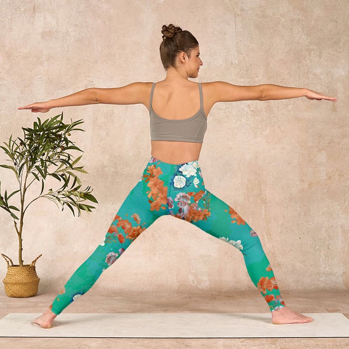 Buddha Stones Green Orange Beige Floral Print Gym Leggings Women's Yoga Pants - image 10