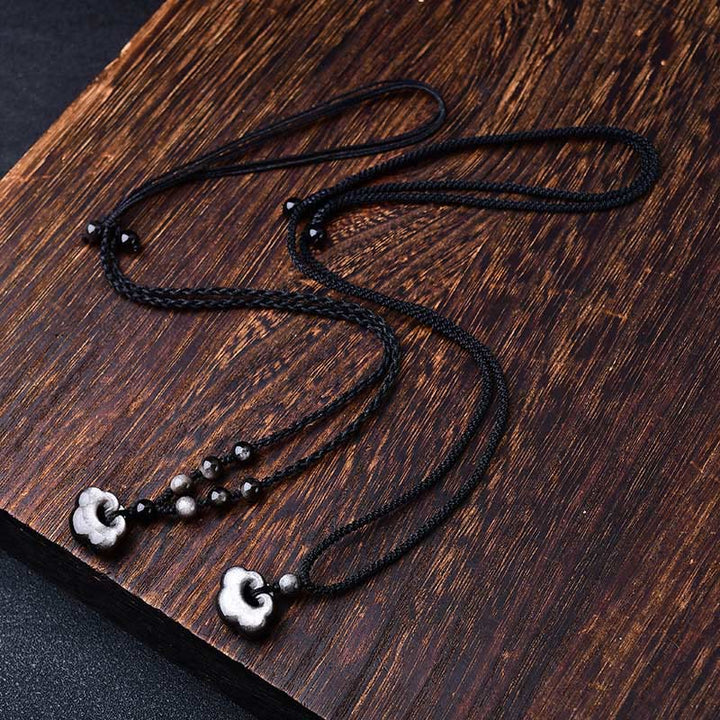Buddha Stones Natural Silver Sheen Obsidian Auspicious Clouds Protection Soothing Necklace Pendant - image 7
