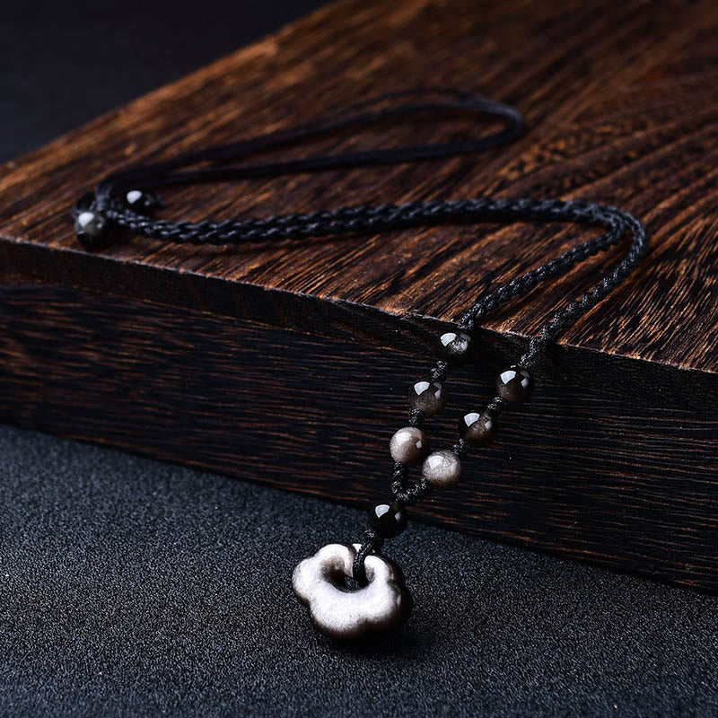 Buddha Stones Natural Silver Sheen Obsidian Auspicious Clouds Protection Soothing Necklace Pendant - image 1