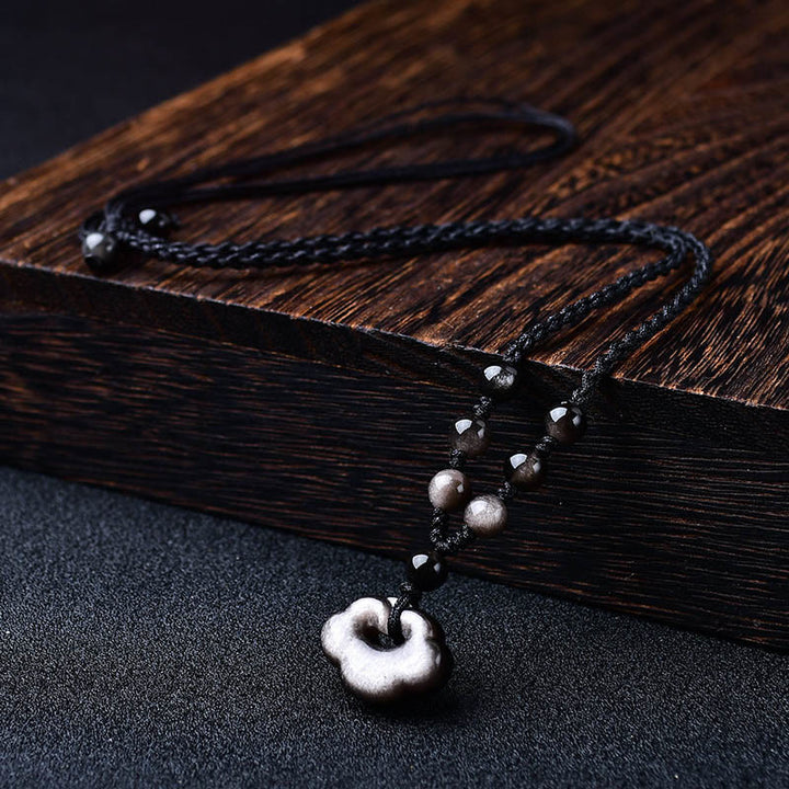 Buddha Stones Natural Silver Sheen Obsidian Auspicious Clouds Protection Soothing Necklace Pendant - image 1