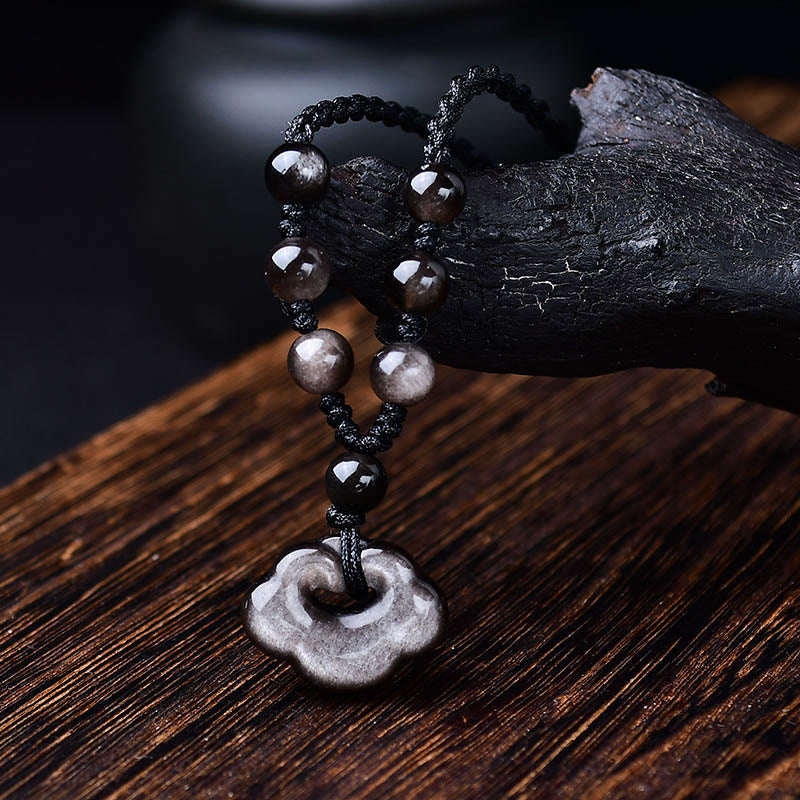 Buddha Stones Natural Silver Sheen Obsidian Auspicious Clouds Protection Soothing Necklace Pendant - Silver Sheen Obsidian & Four-Strand Rope - image 0