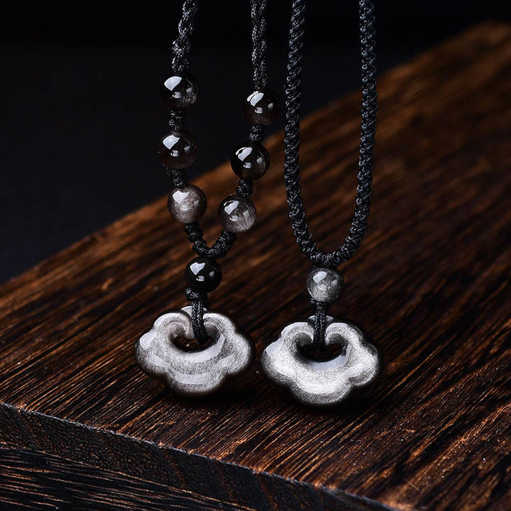 Buddha Stones Natural Silver Sheen Obsidian Auspicious Clouds Protection Soothing Necklace Pendant - image 8