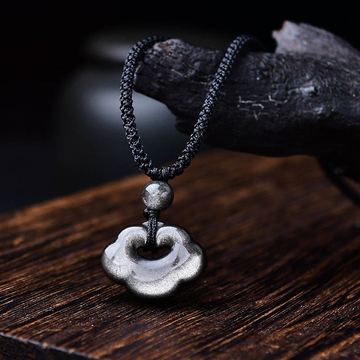 Buddha Stones Natural Silver Sheen Obsidian Auspicious Clouds Protection Soothing Necklace Pendant - Silver Sheen Obsidian & Straight Rope - image 5
