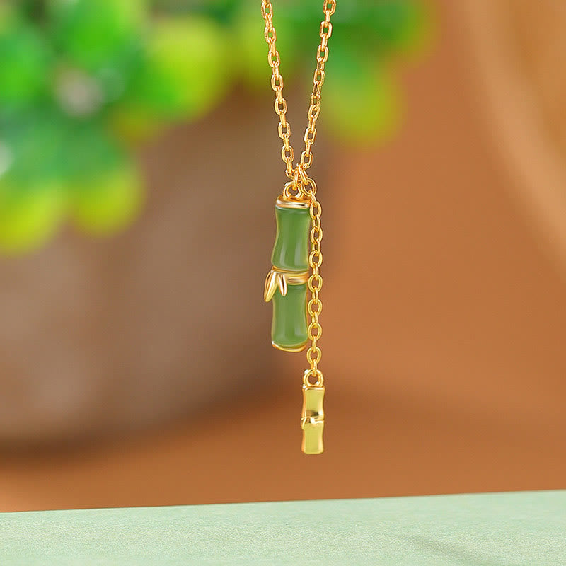 Buddha Stones Hetian Jade 925 Sterling Silver Bamboo Abundance Necklace Pendant - Hetian Jade 925 Sterling Silver Plated Gold - image 1