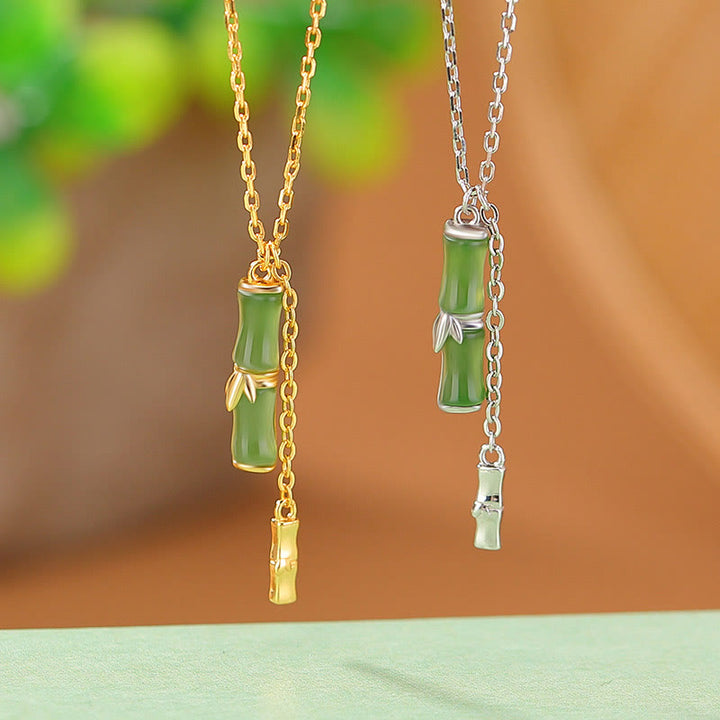 Buddha Stones Hetian Jade 925 Sterling Silver Bamboo Abundance Necklace Pendant - image 0