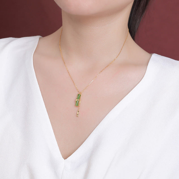 Buddha Stones Hetian Jade 925 Sterling Silver Bamboo Abundance Necklace Pendant - image 4