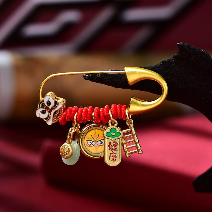 Buddha Stones Tibetan Dancing Lion Jade Peace Buckle Fu Character Safe And Well Copper Luck Brooch - Gold Brooch - image 2