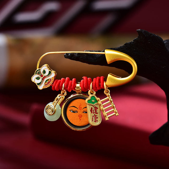 Buddha Stones Tibetan Dancing Lion Jade Peace Buckle Fu Character Safe And Well Copper Luck Brooch - Orange Brooch - image 3