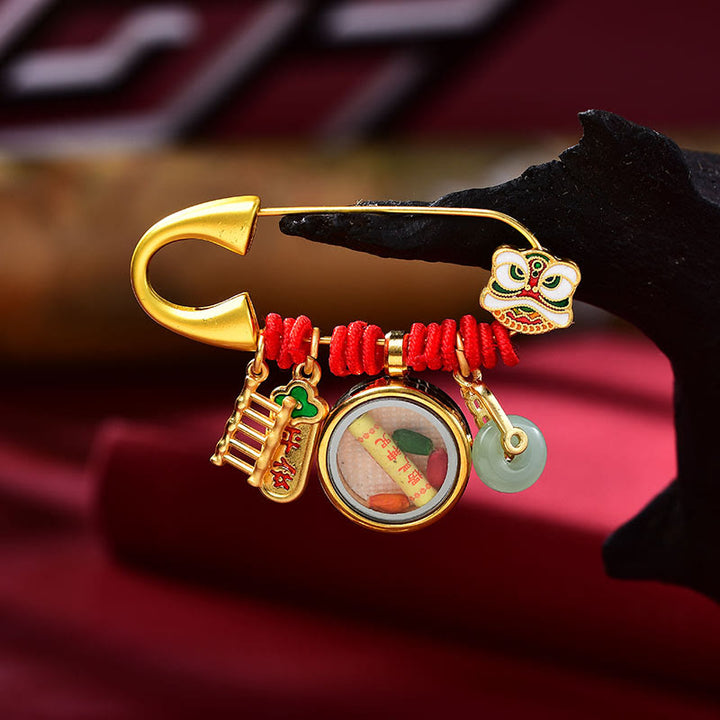 Buddha Stones Tibetan Dancing Lion Jade Peace Buckle Fu Character Safe And Well Copper Luck Brooch - image 5