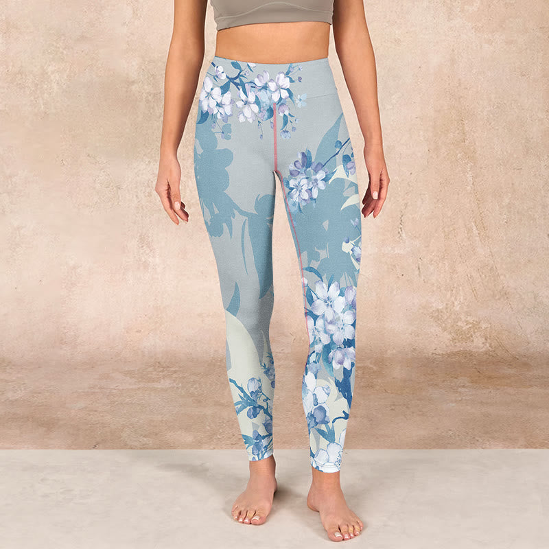 Buddha Stones White Blue Flowers Print Gym Leggings Women's Yoga Pants - image 1