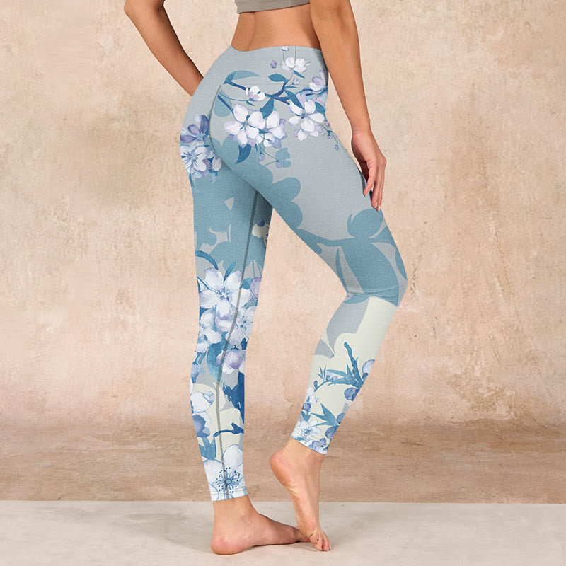 Buddha Stones White Blue Flowers Print Gym Leggings Women's Yoga Pants - image 2
