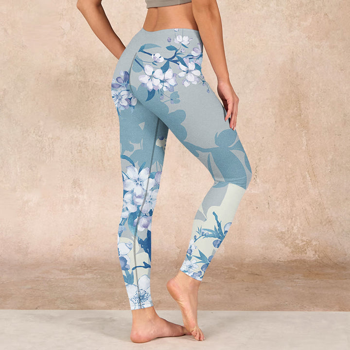 Buddha Stones White Blue Flowers Print Gym Leggings Women's Yoga Pants - image 2