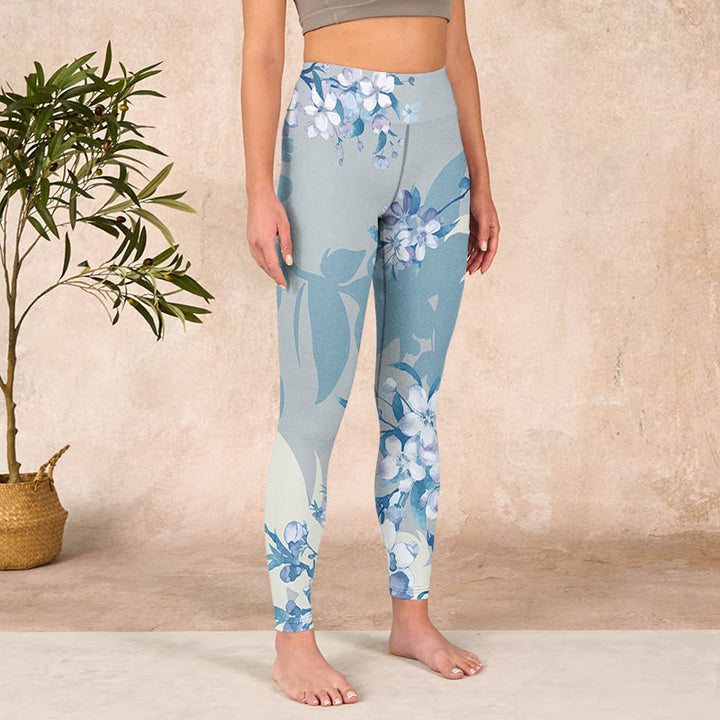 Buddha Stones White Blue Flowers Print Gym Leggings Women's Yoga Pants - image 3