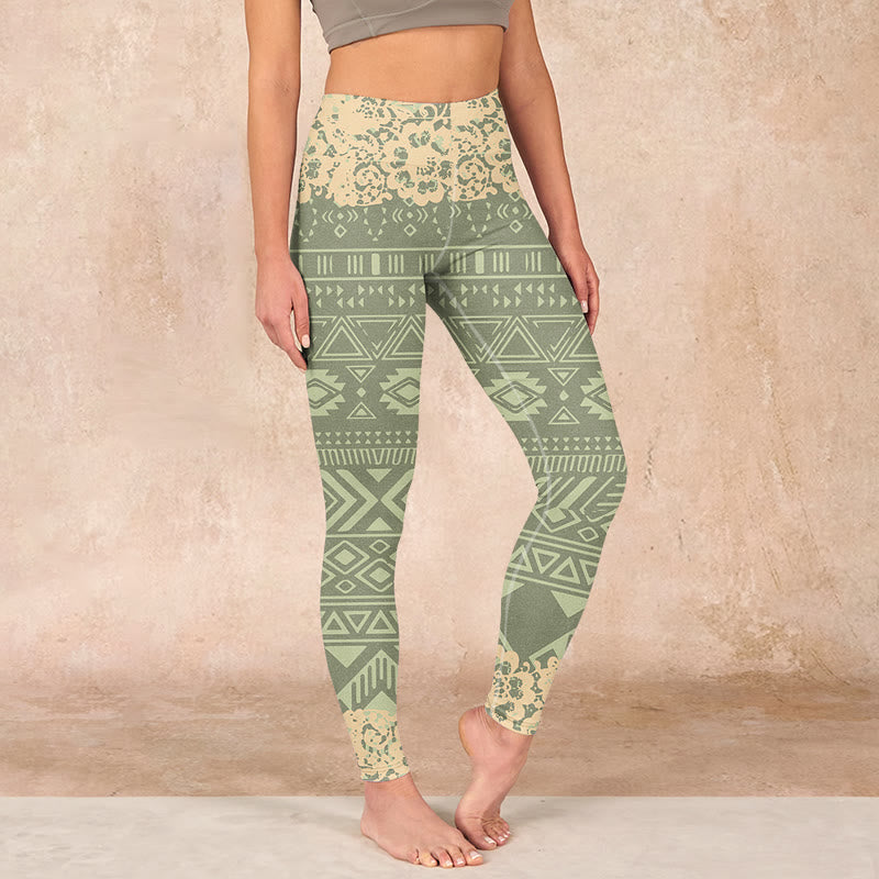 Buddha Stones Flowers Geometric Shapes Gym Leggings Women's Yoga Pants - YellowGreen - US18，UK/AU22，EU50 (4XL) - image 0