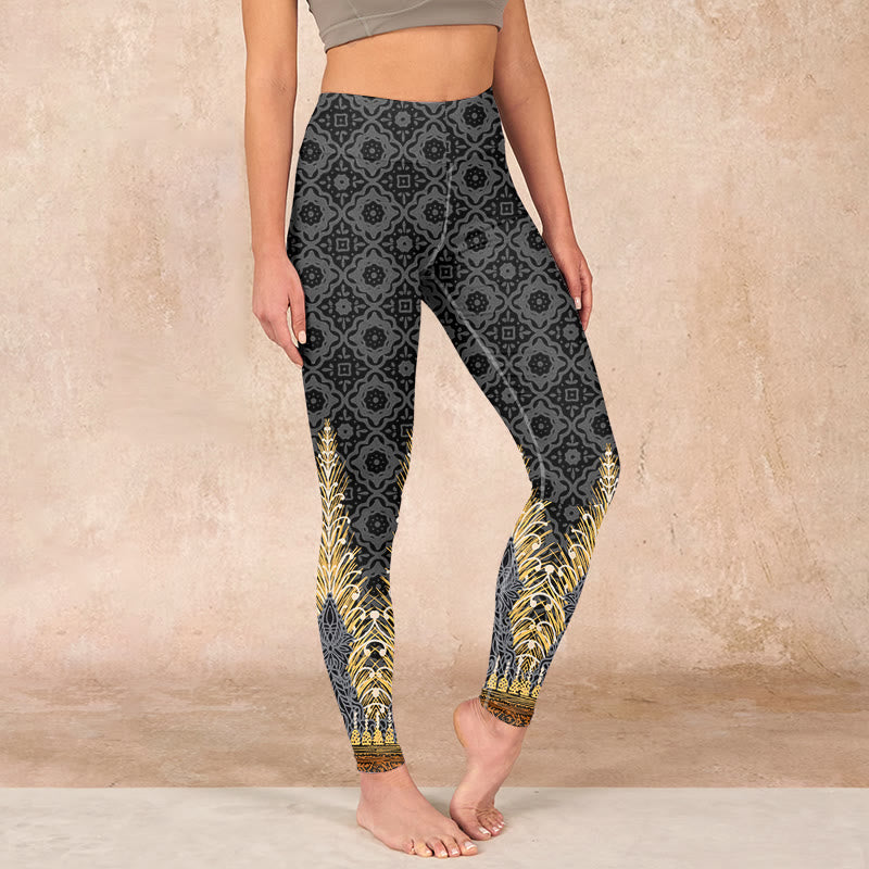 Buddha Stones Dark Gray Geometric Gold Feather Print Gym Leggings Women's Yoga Pants - DimGray - US18，UK/AU22，EU50 (4XL) - image 0