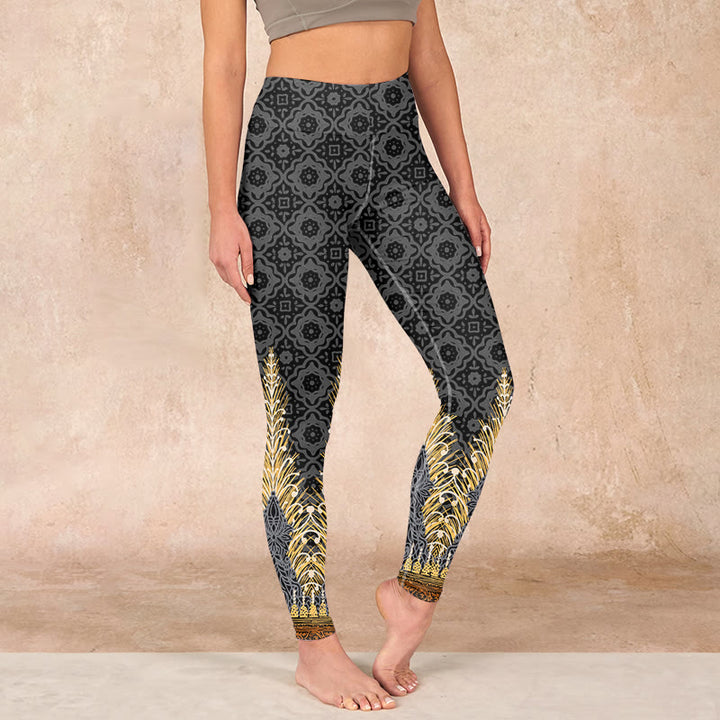Buddha Stones Dark Gray Geometric Gold Feather Print Gym Leggings Women's Yoga Pants - DimGray - US18，UK/AU22，EU50 (4XL) - image 0