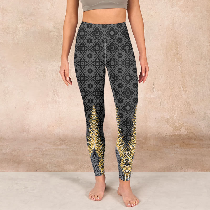 Buddha Stones Dark Gray Geometric Gold Feather Print Gym Leggings Women's Yoga Pants - image 1