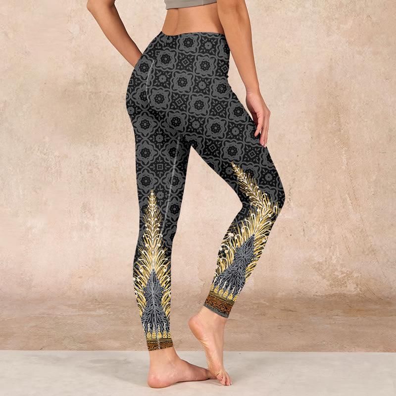 Buddha Stones Dark Gray Geometric Gold Feather Print Gym Leggings Women's Yoga Pants - image 2