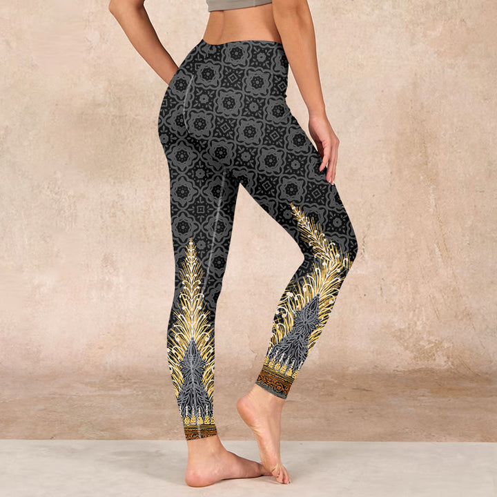 Buddha Stones Dark Gray Geometric Gold Feather Print Gym Leggings Women's Yoga Pants - image 2