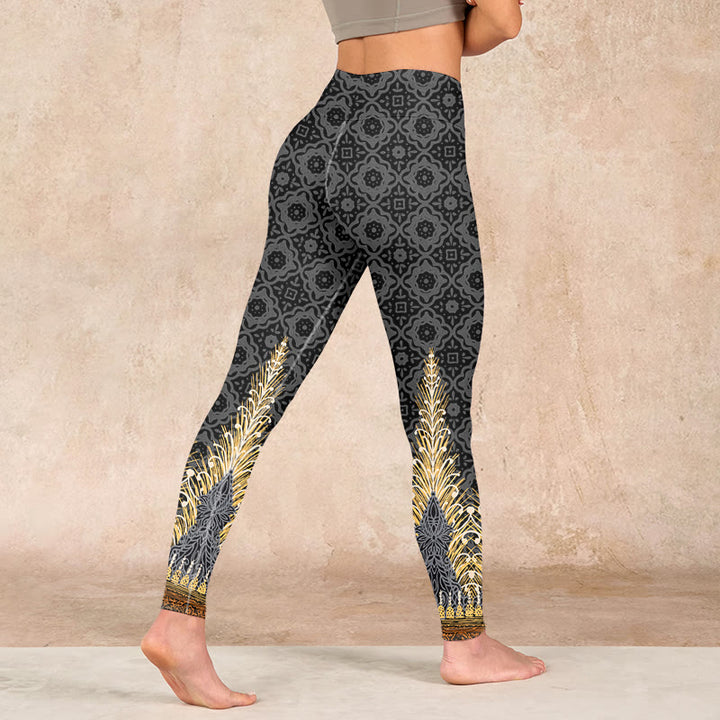 Buddha Stones Dark Gray Geometric Gold Feather Print Gym Leggings Women's Yoga Pants - image 4
