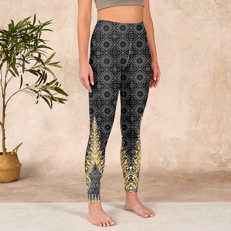 Buddha Stones Dark Gray Geometric Gold Feather Print Gym Leggings Women's Yoga Pants - image 3