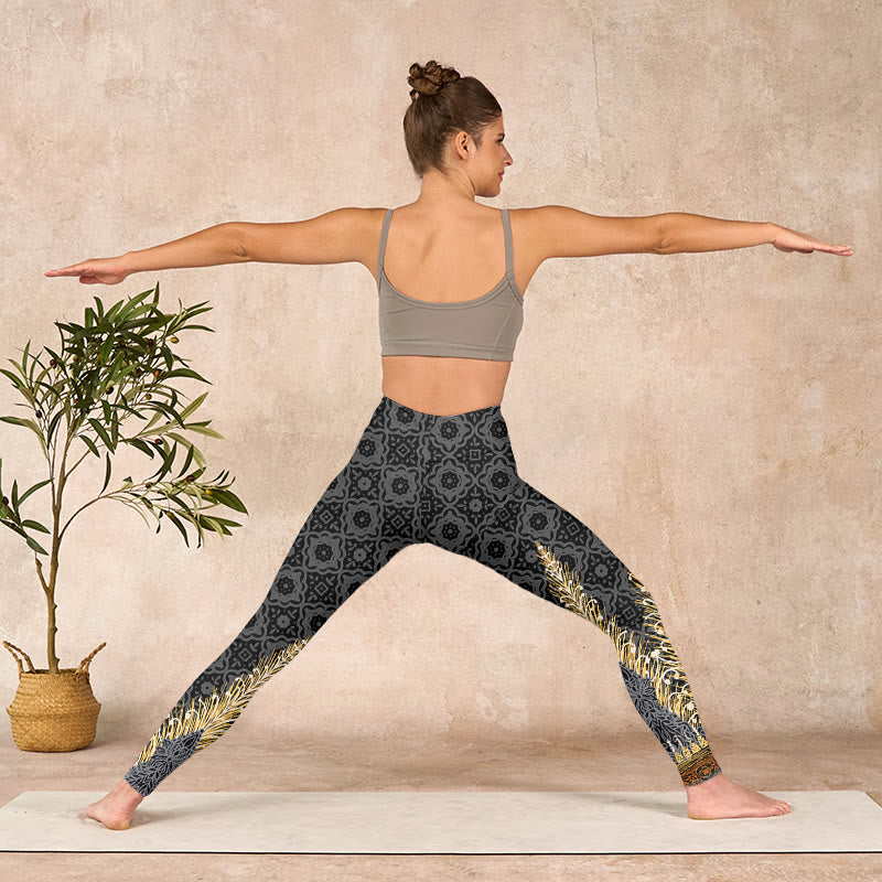 Buddha Stones Dark Gray Geometric Gold Feather Print Gym Leggings Women's Yoga Pants - image 11