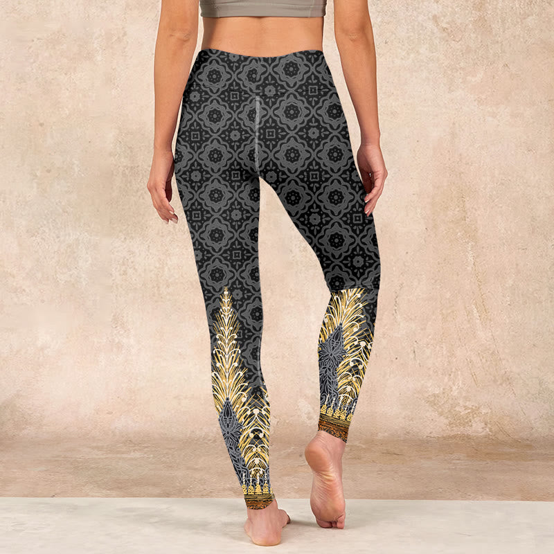Buddha Stones Dark Gray Geometric Gold Feather Print Gym Leggings Women's Yoga Pants - image 14