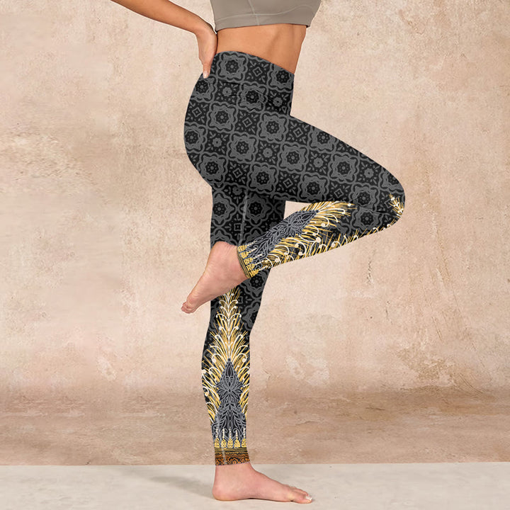 Buddha Stones Dark Gray Geometric Gold Feather Print Gym Leggings Women's Yoga Pants - image 15