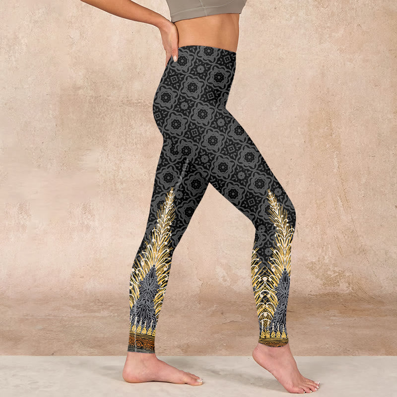 Buddha Stones Dark Gray Geometric Gold Feather Print Gym Leggings Women's Yoga Pants - image 16