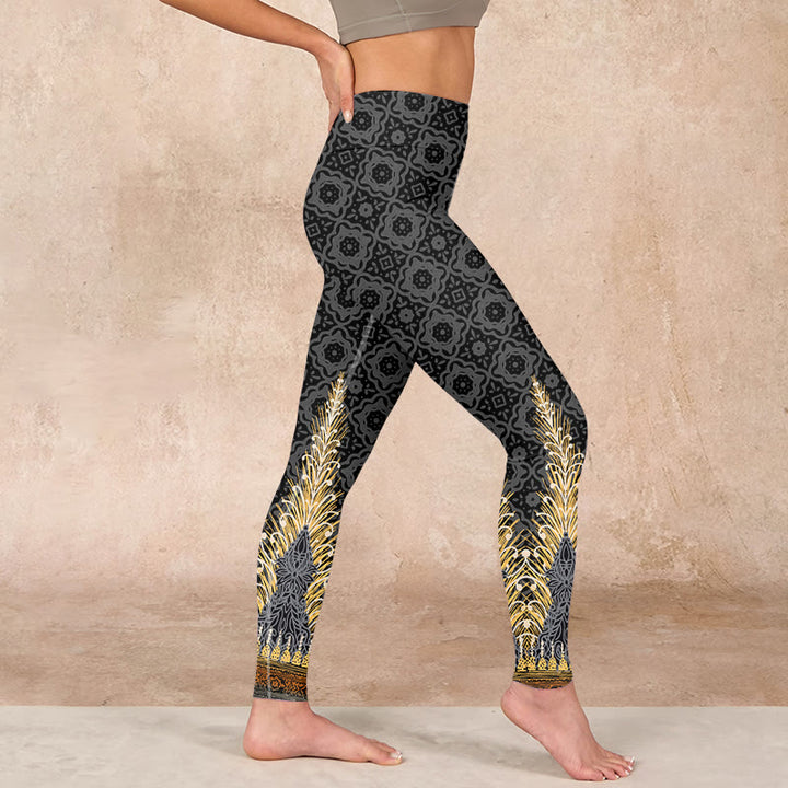 Buddha Stones Dark Gray Geometric Gold Feather Print Gym Leggings Women's Yoga Pants - image 16