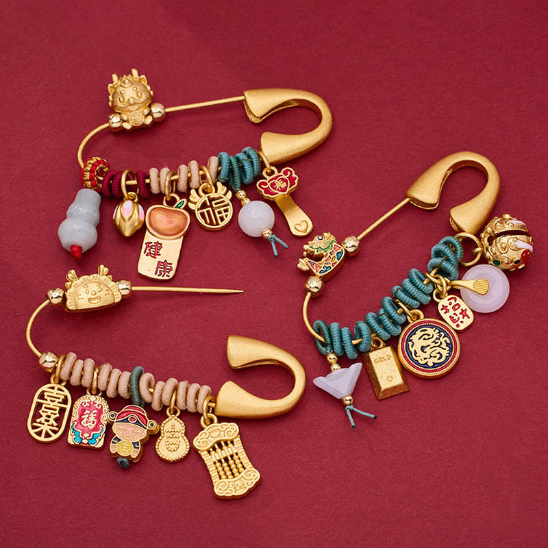 Buddha Stones Dragon Fu Character Attract Fortune Brass Protection Brooch - image 0