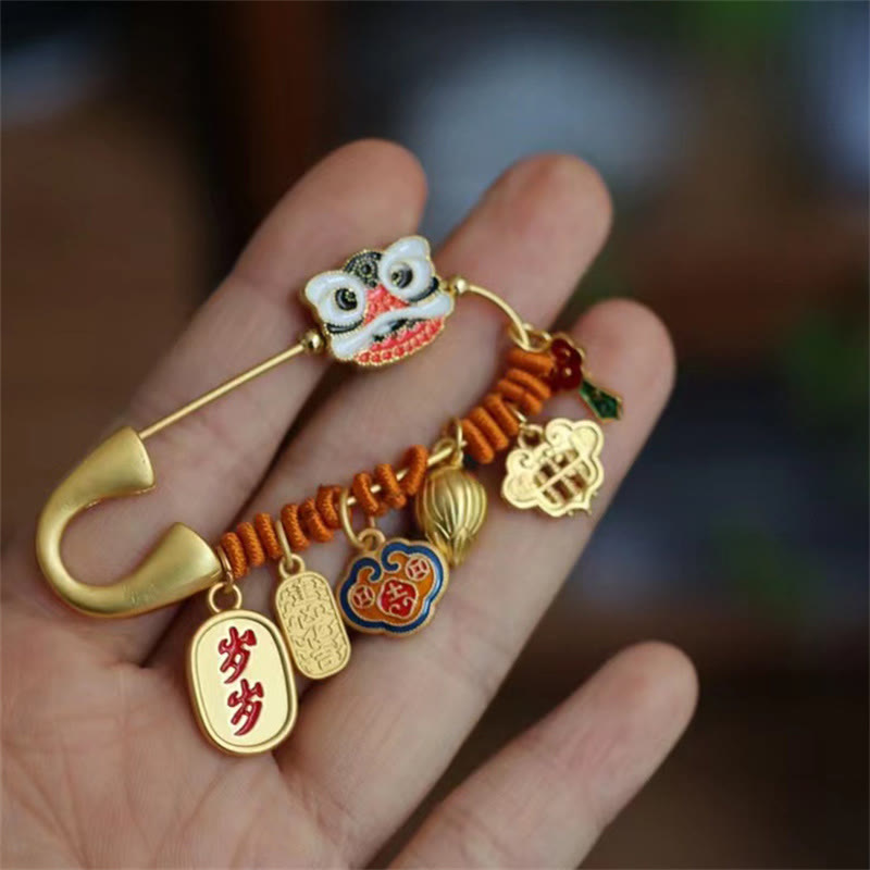 Buddha Stones Dancing Lion Lotus Bud Copper Fortune Brooch - image 2