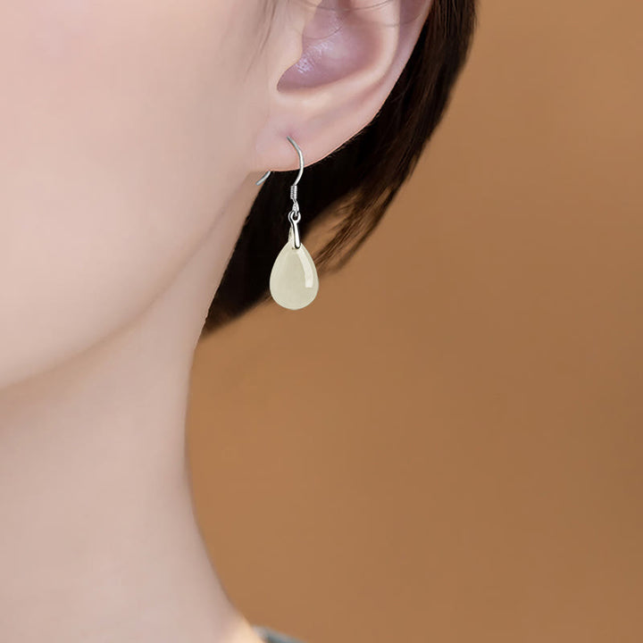 Buddha Stones 925 Sterling Silver Jade Water Drop Pattern Luck Prosperity Dangle Earrings - image 2
